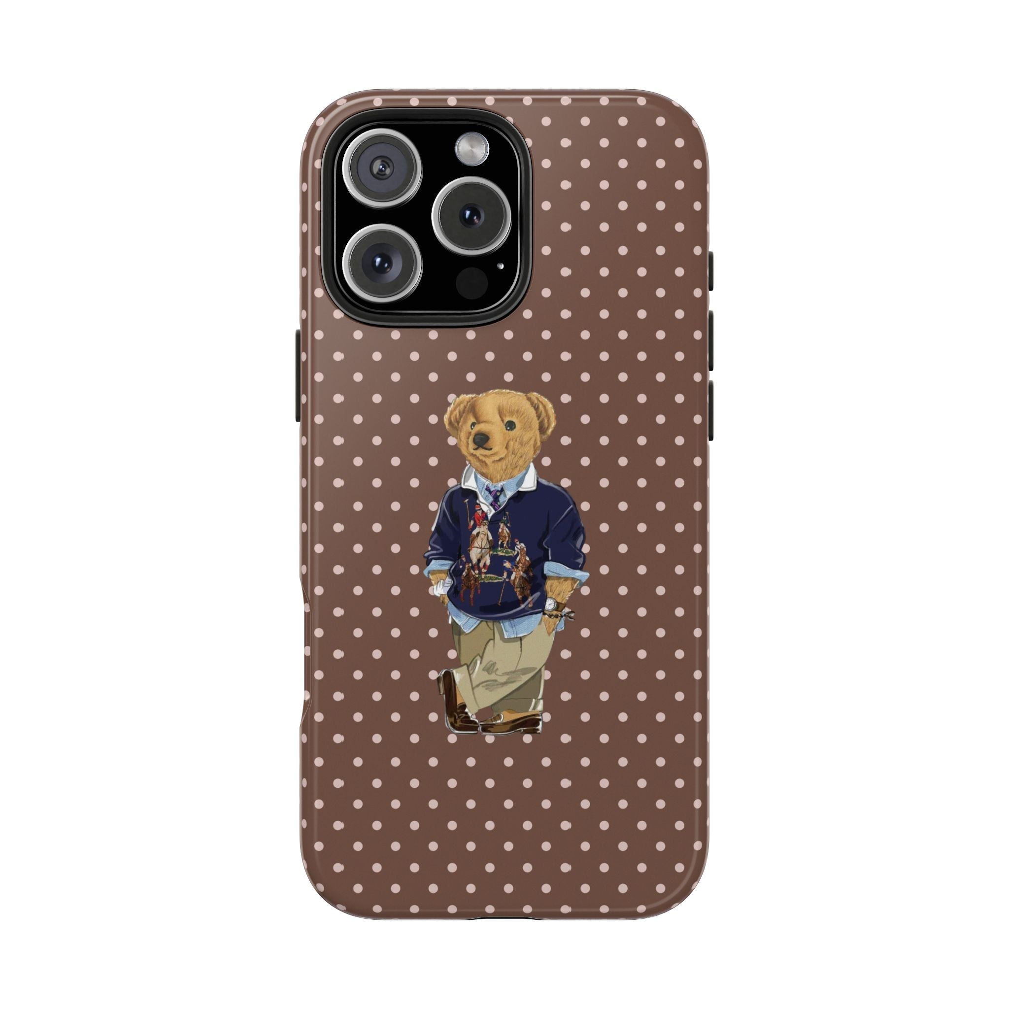Brown polka-dot phone case featuring a teddy bear character centered on the back