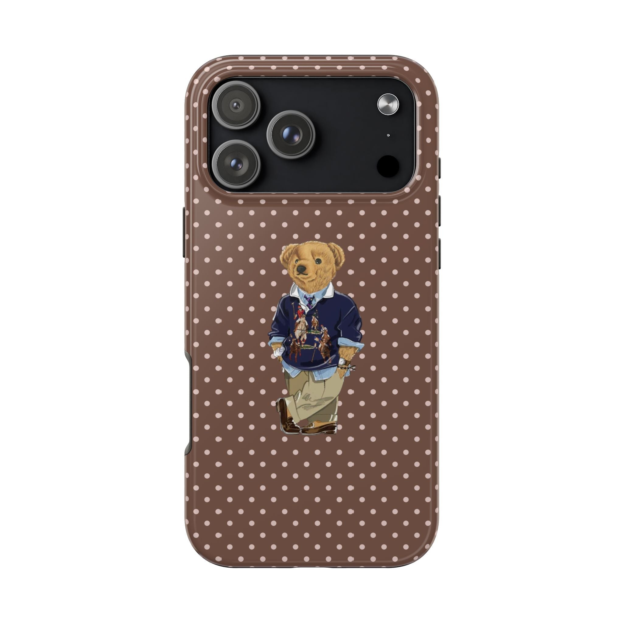 Brown phone case with white polka dots and teddy bear in blue outfit design