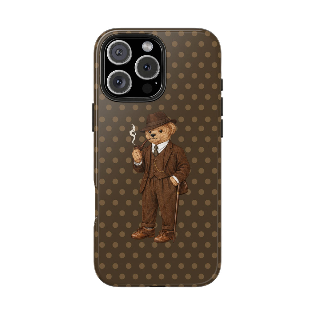 Brown polka dot phone case featuring a teddy bear gentleman, back view