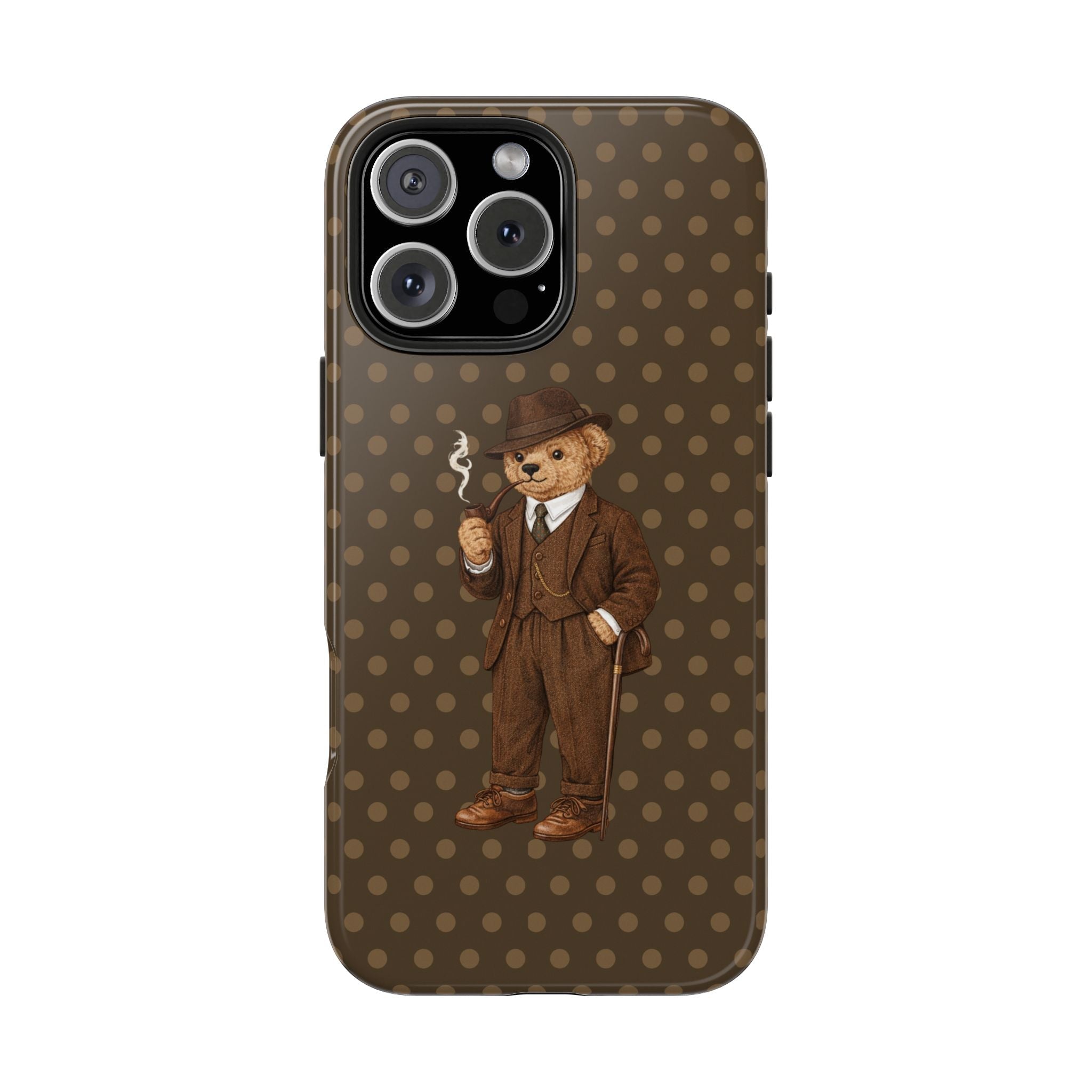 Brown polka dot phone case featuring a teddy bear gentleman, back view
