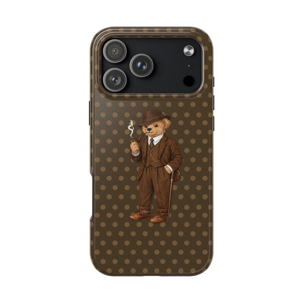 Brown polka dot phone case with teddy bear gentleman illustration, front view
