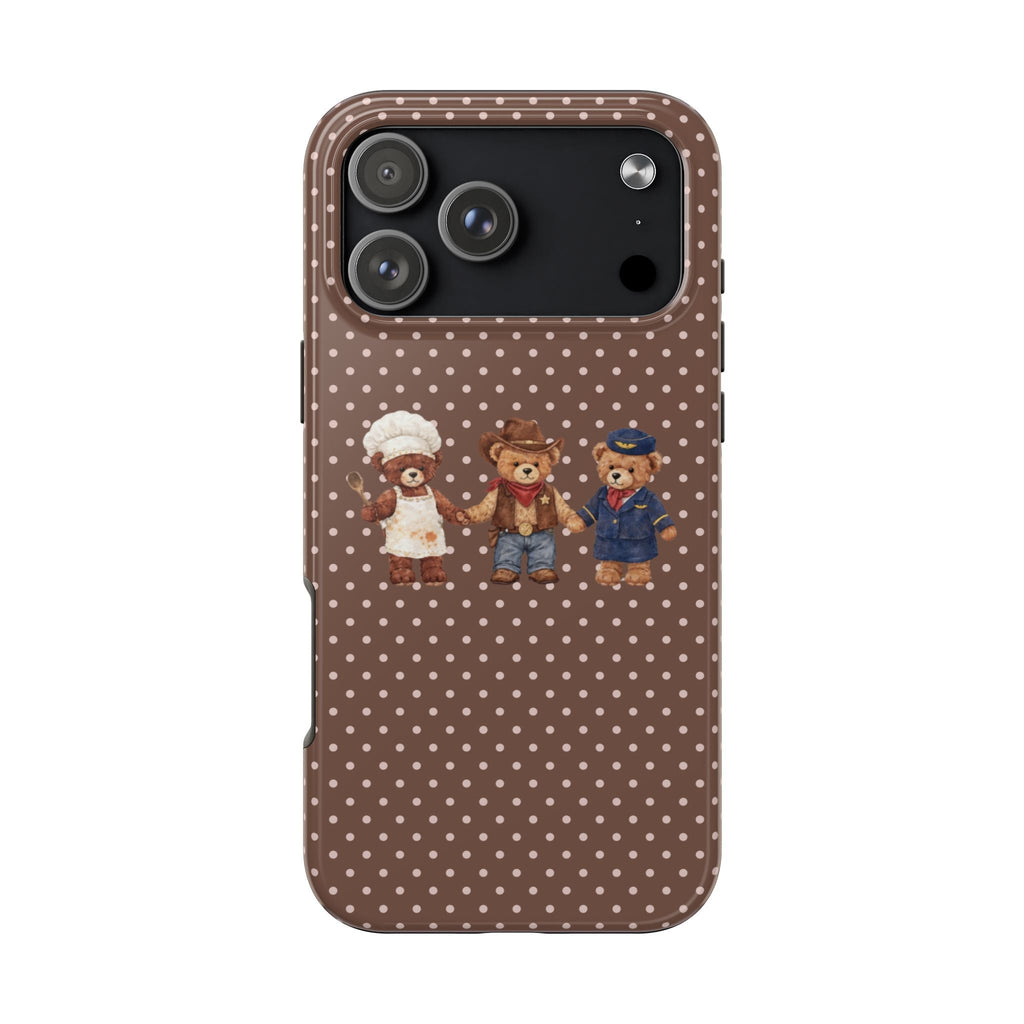 Brown polka-dot phone case with three teddy bears—chef, cowboy, sailor