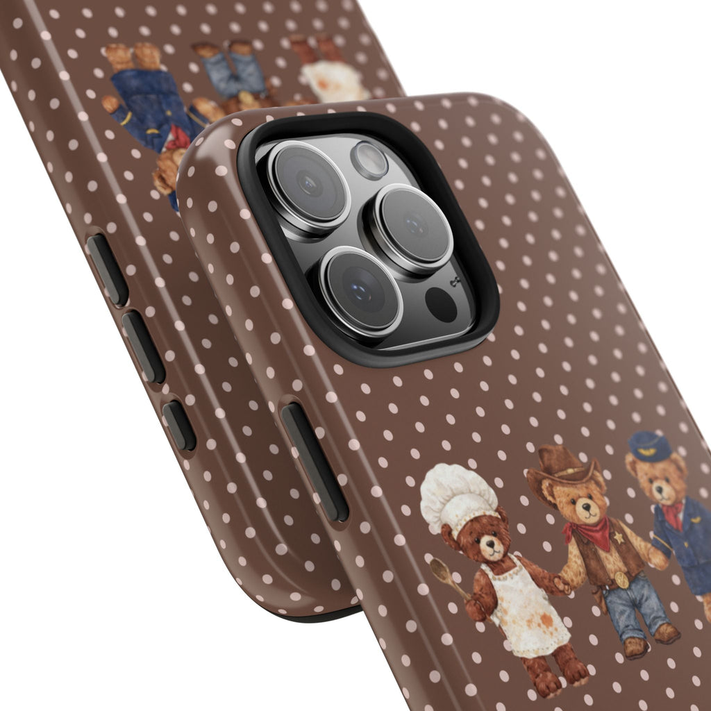 Brown polka-dot phone case diagonal view, teddy bear print, raised camera area