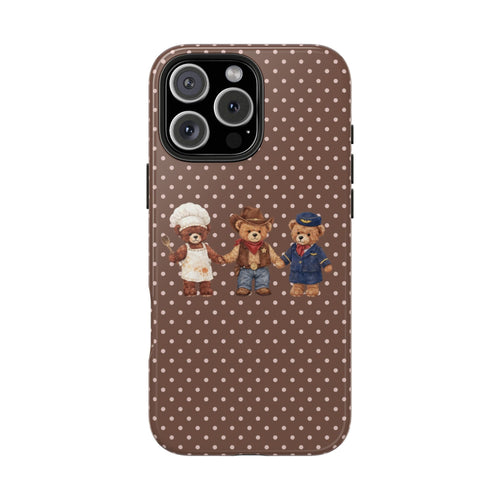 Brown polka-dot phone case with teddy bears and dual-camera cutouts