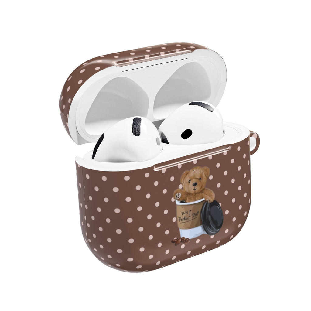 Brown polka-dot AirPods case with open lid and teddy bear graphic
