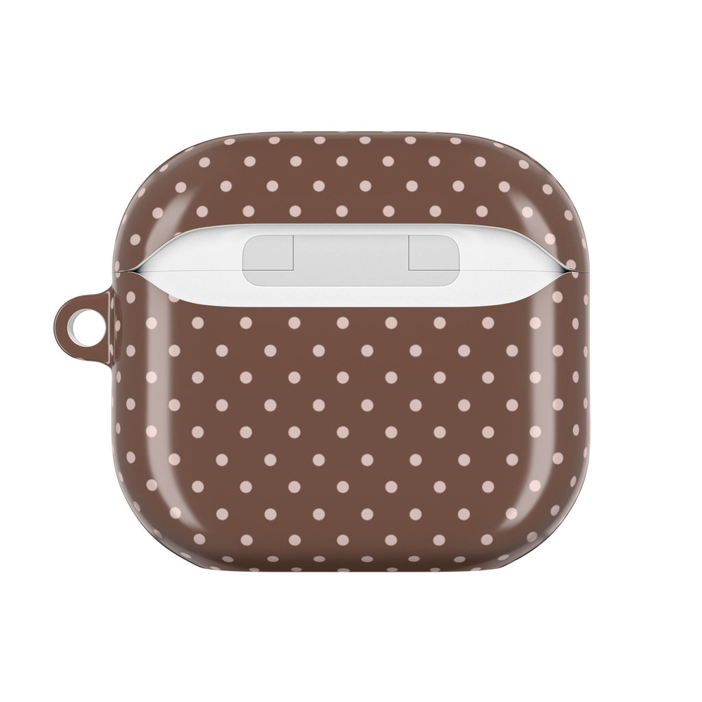 Brown polka-dot AirPods case front with top button slot