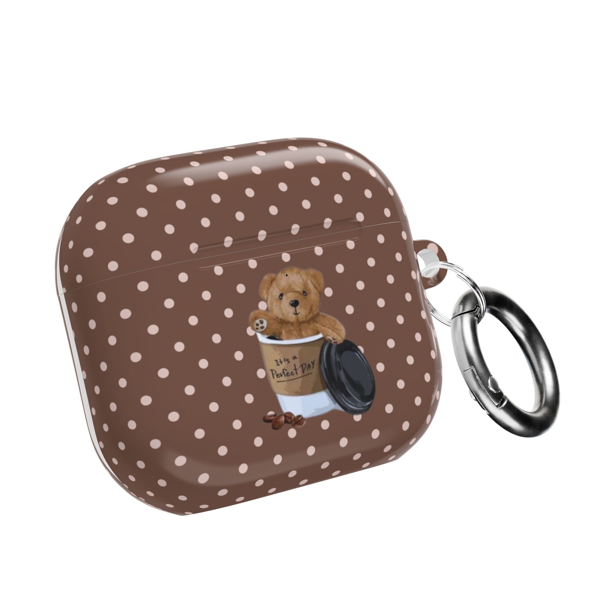 Brown polka-dot AirPods case with teddy bear front and metal keyring loop