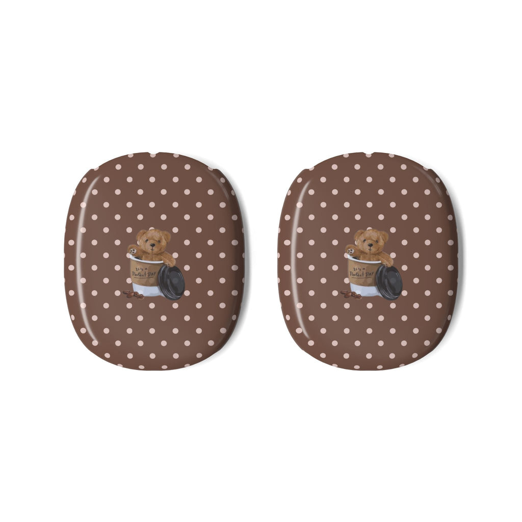 Two ear cup covers in brown with white polka dots and teddy bear graphic
