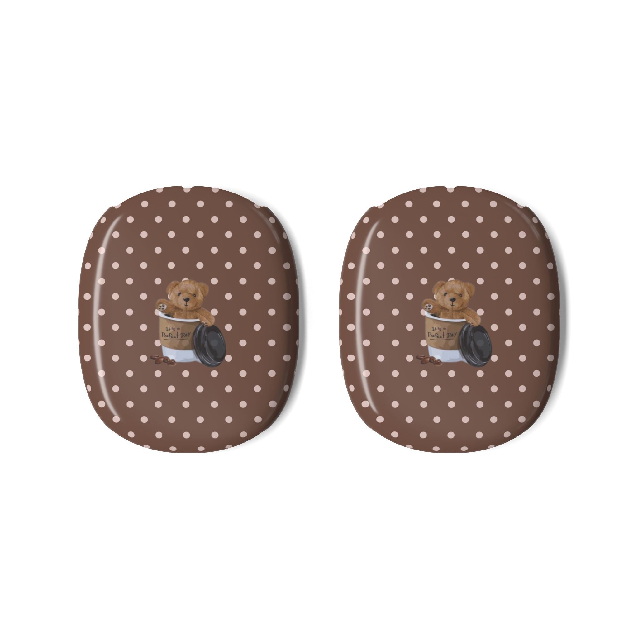 Two ear cup covers in brown with white polka dots and teddy bear graphic