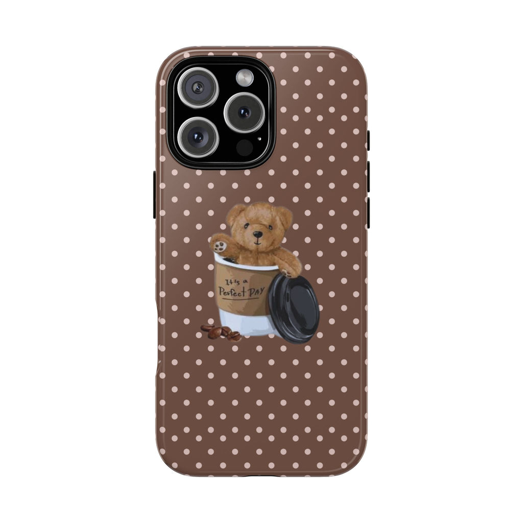 Brown polka dot phone case with teddy bear holding a coffee cup