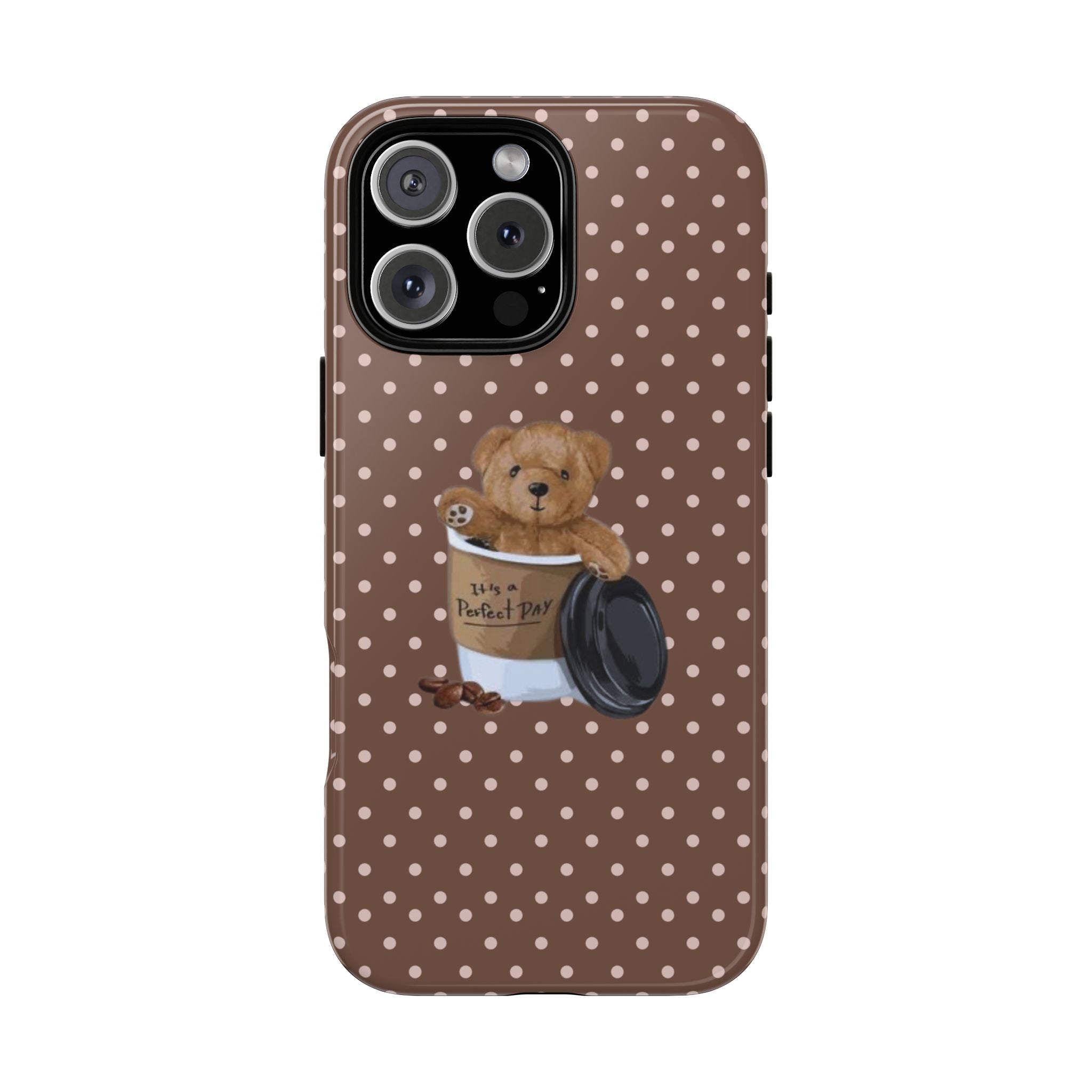 Brown polka dot phone case with teddy bear holding a coffee cup
