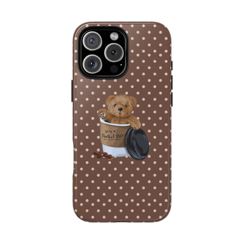 Brown polka dot phone case with teddy bear holding a coffee cup