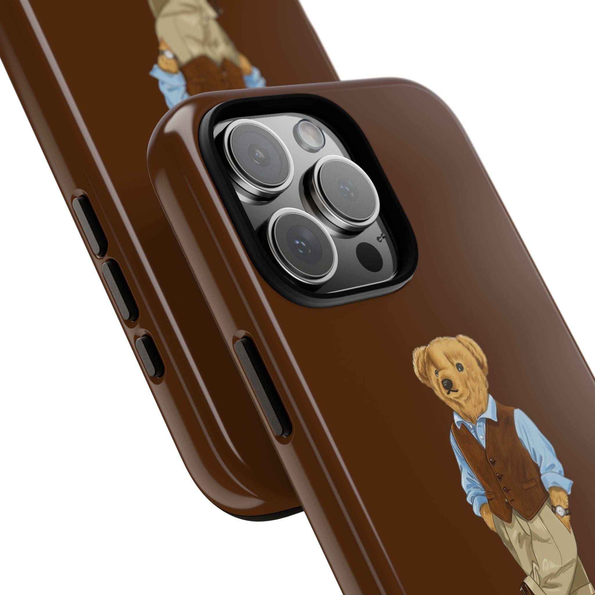 Brown phone case close-up: teddy bear artwork, camera lenses and side button cutouts