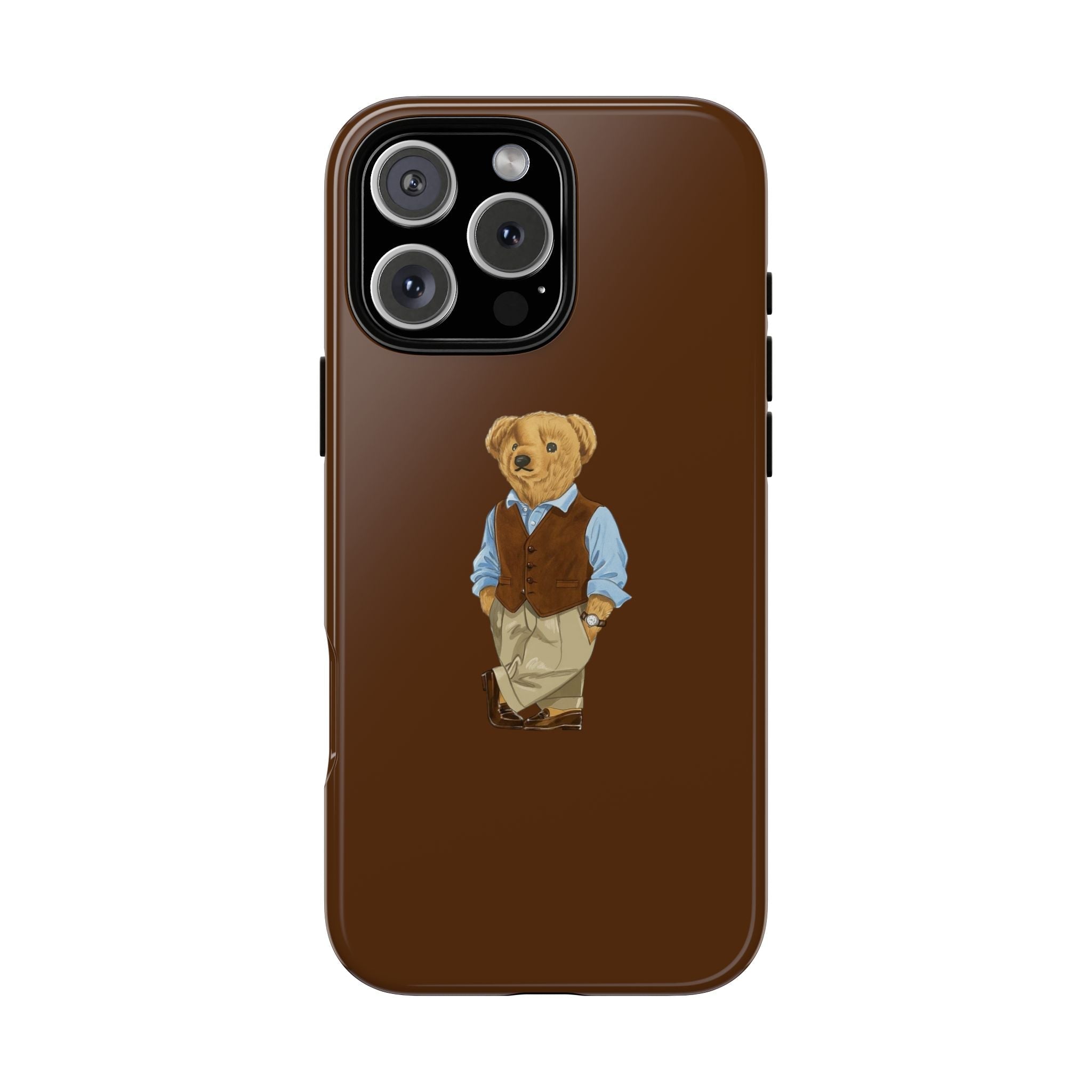 Brown phone case with teddy bear in vest and blue shirt; black camera cutout
