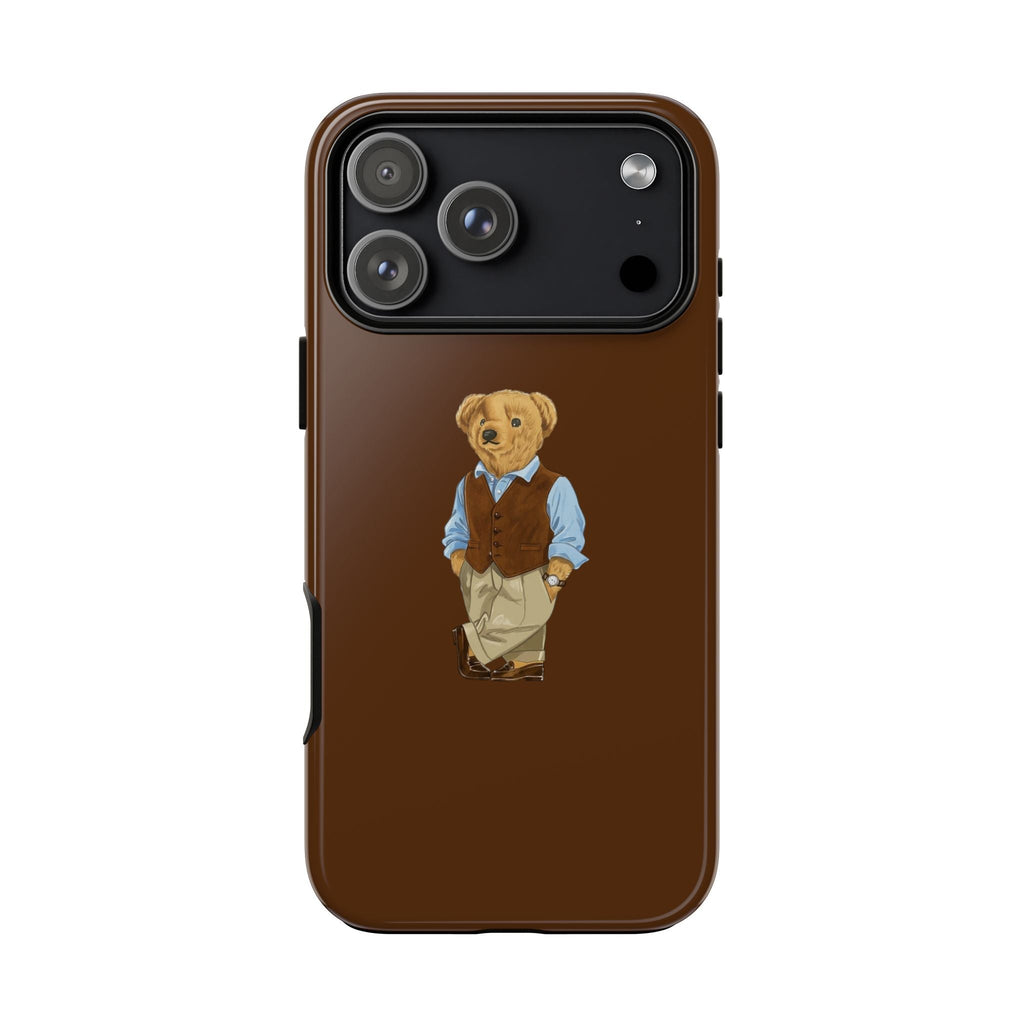 Brown phone case with teddy bear illustration; black camera module at top