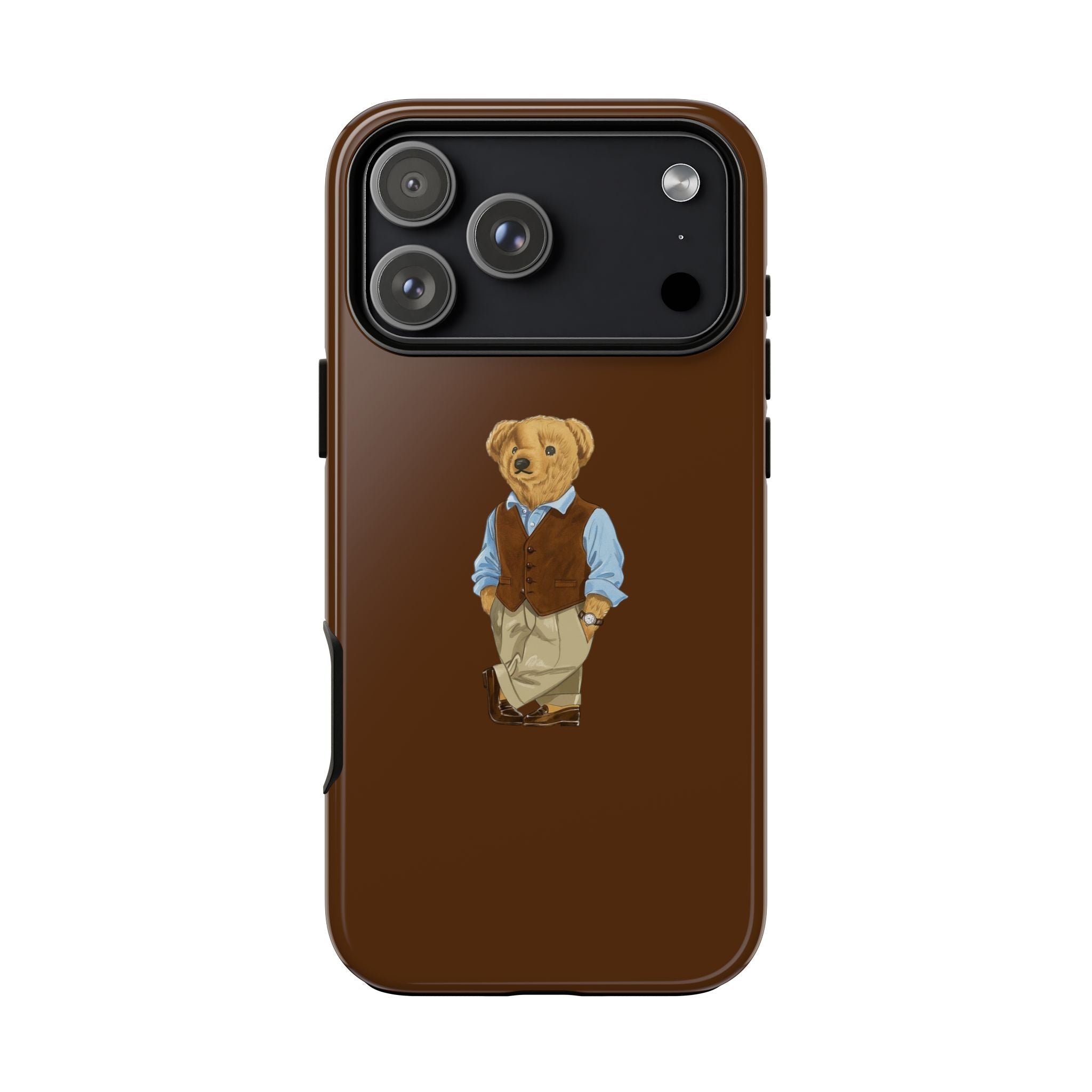 Brown phone case with teddy bear illustration; black camera module at top