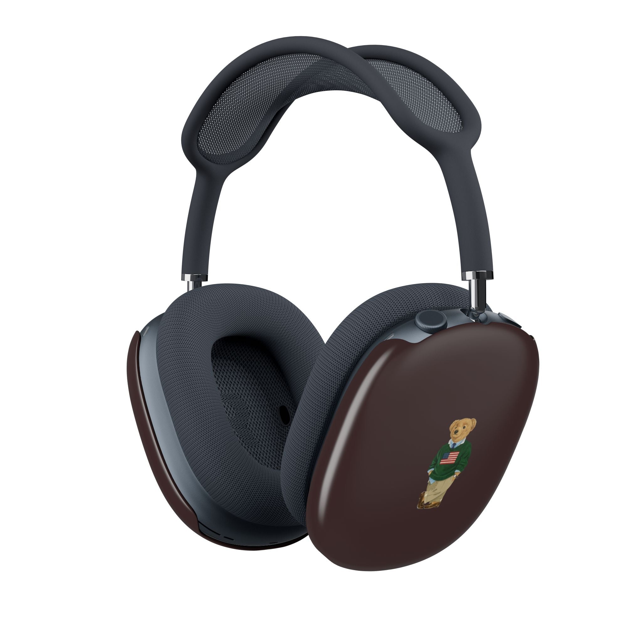 Teddy bear case cover for AirPods Max, dark brown with bear graphic; gray ear pads