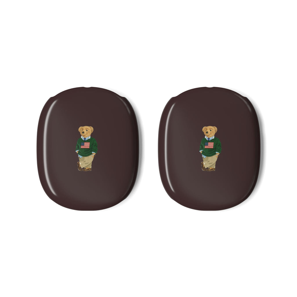 Pair of dark brown teddy bear ear cup covers with small bear graphic