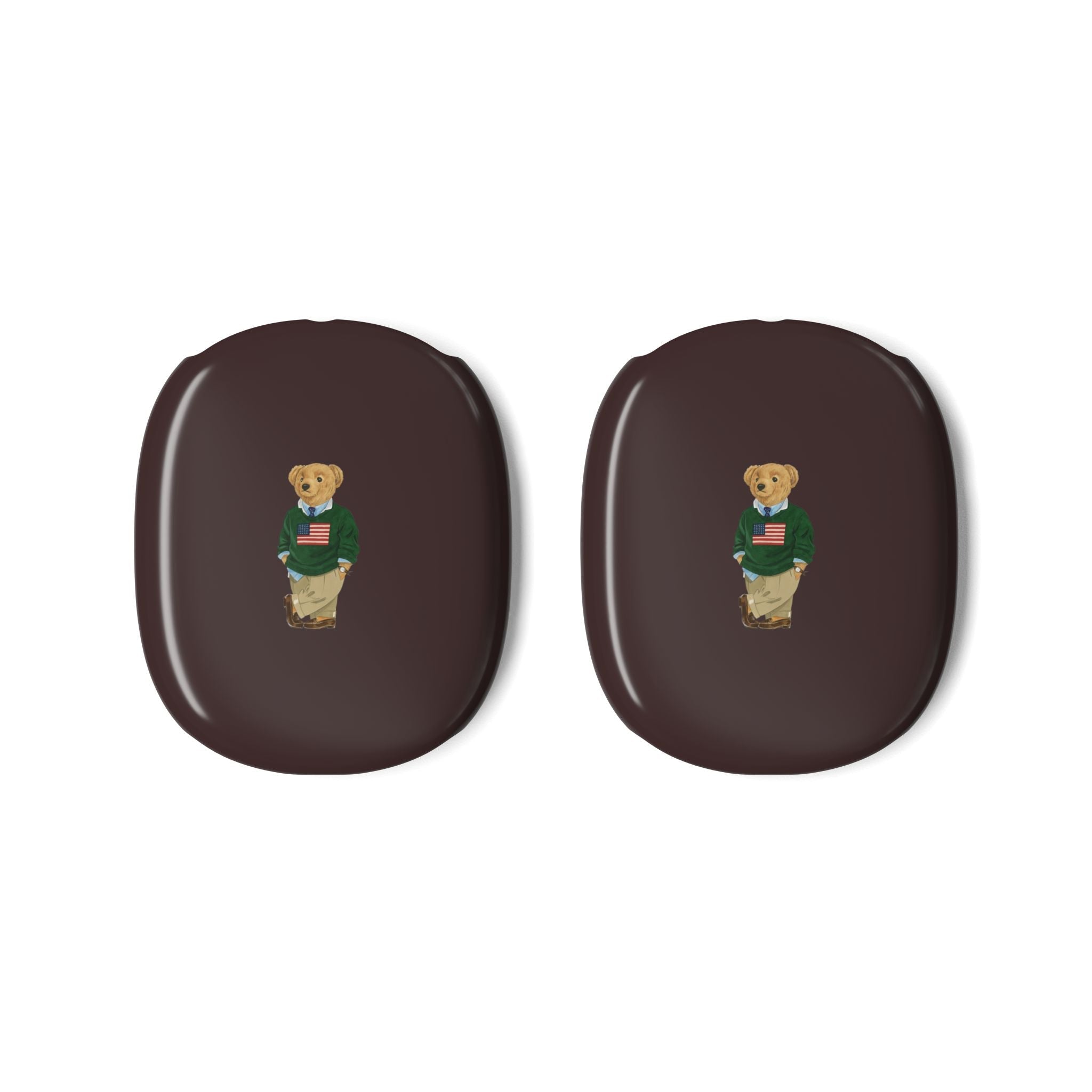 Pair of dark brown teddy bear ear cup covers with small bear graphic