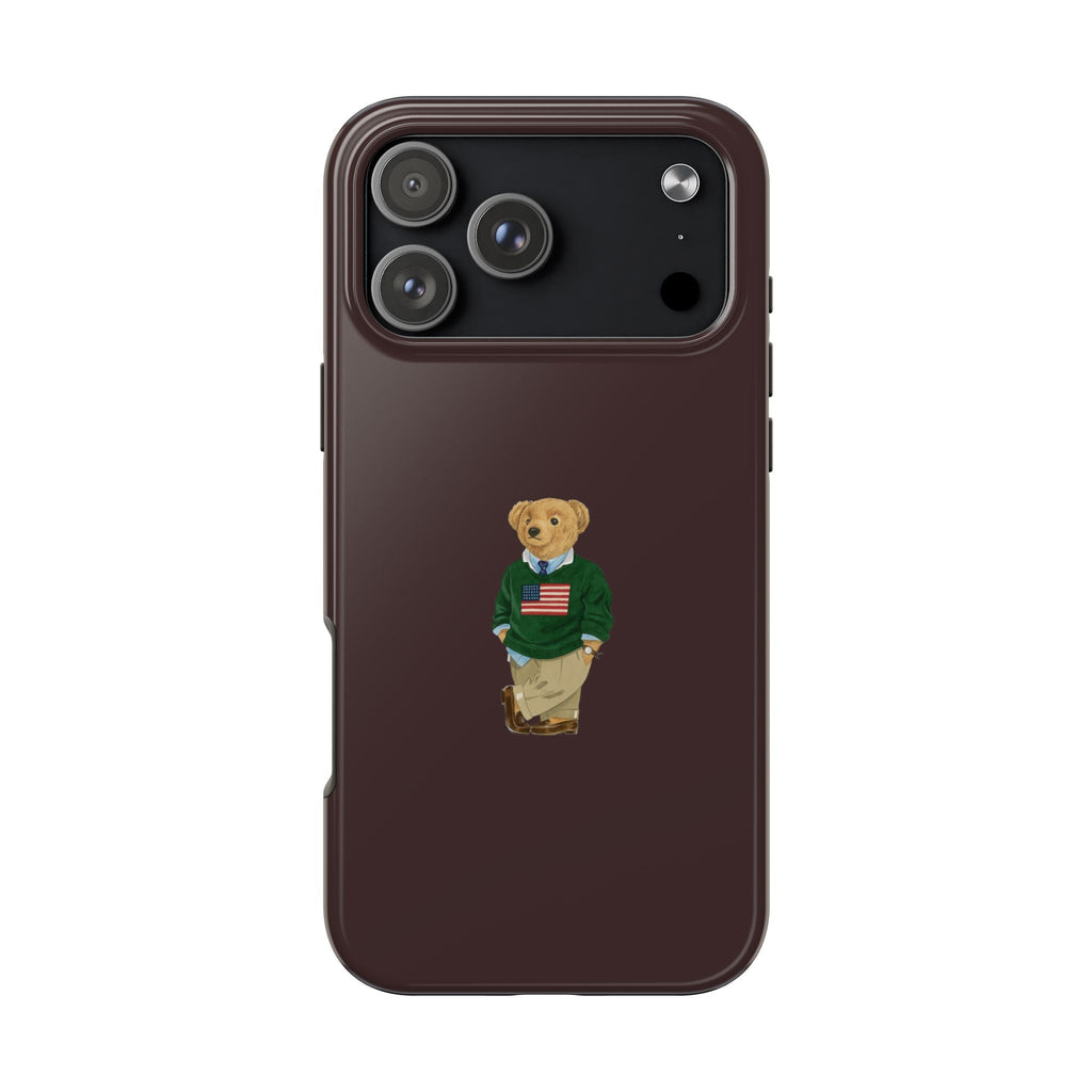 Brown phone case with teddy bear graphic, camera cutouts on top back