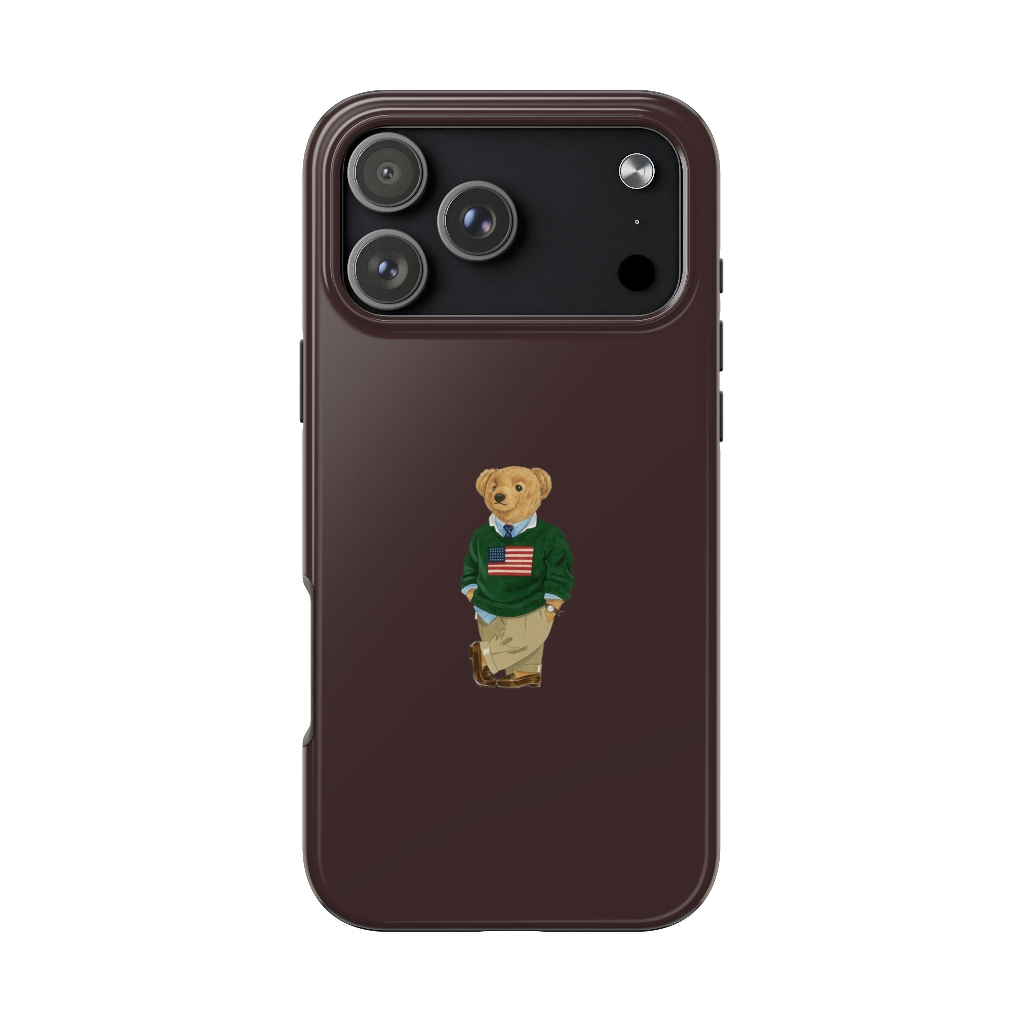 Brown phone case with teddy bear graphic in green sweater and khaki pants