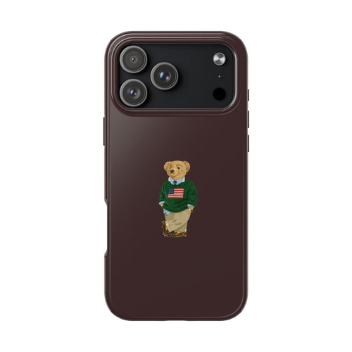Brown phone case with teddy bear graphic, camera cutouts on top back