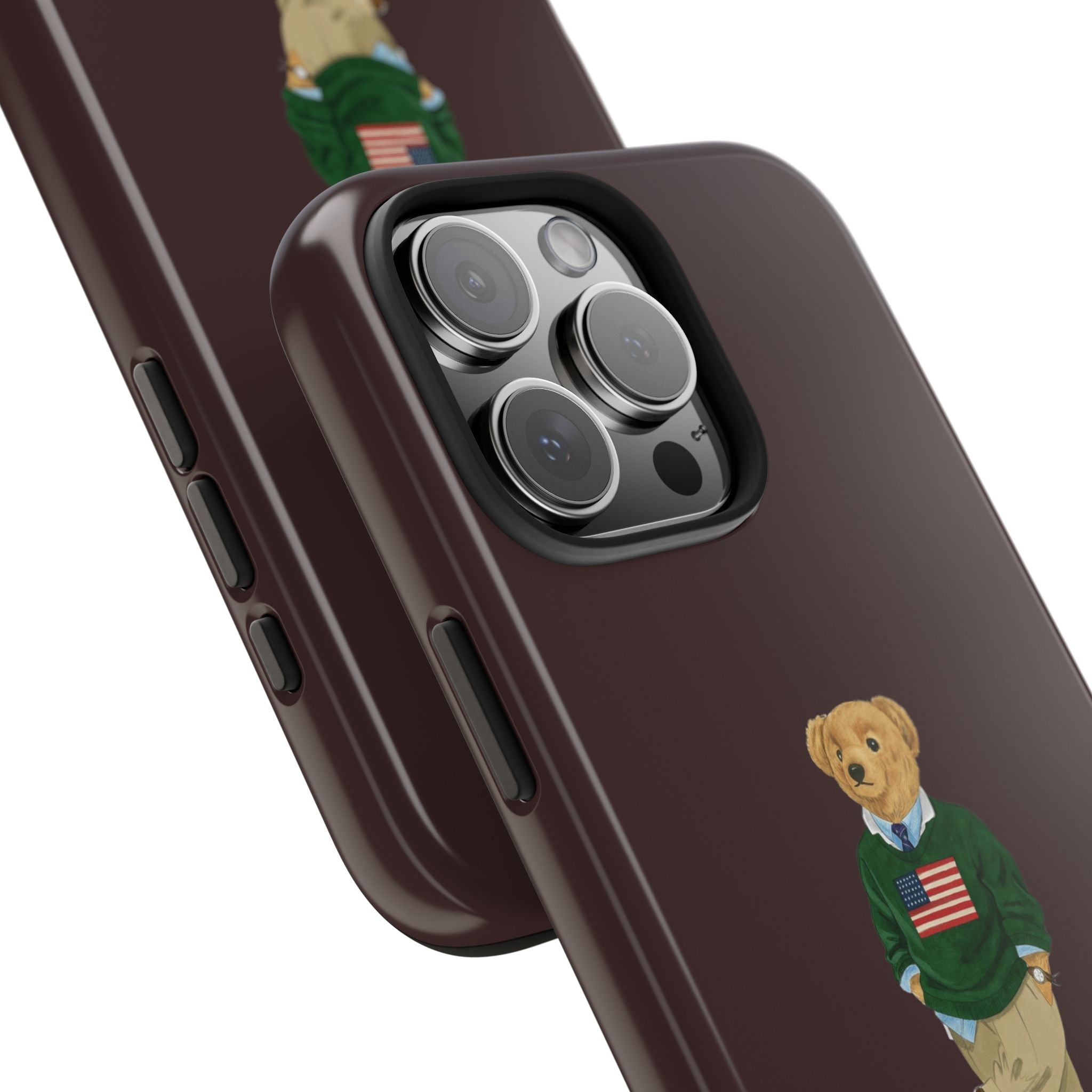 Brown teddy bear phone case, side buttons and raised camera cutout with graphic