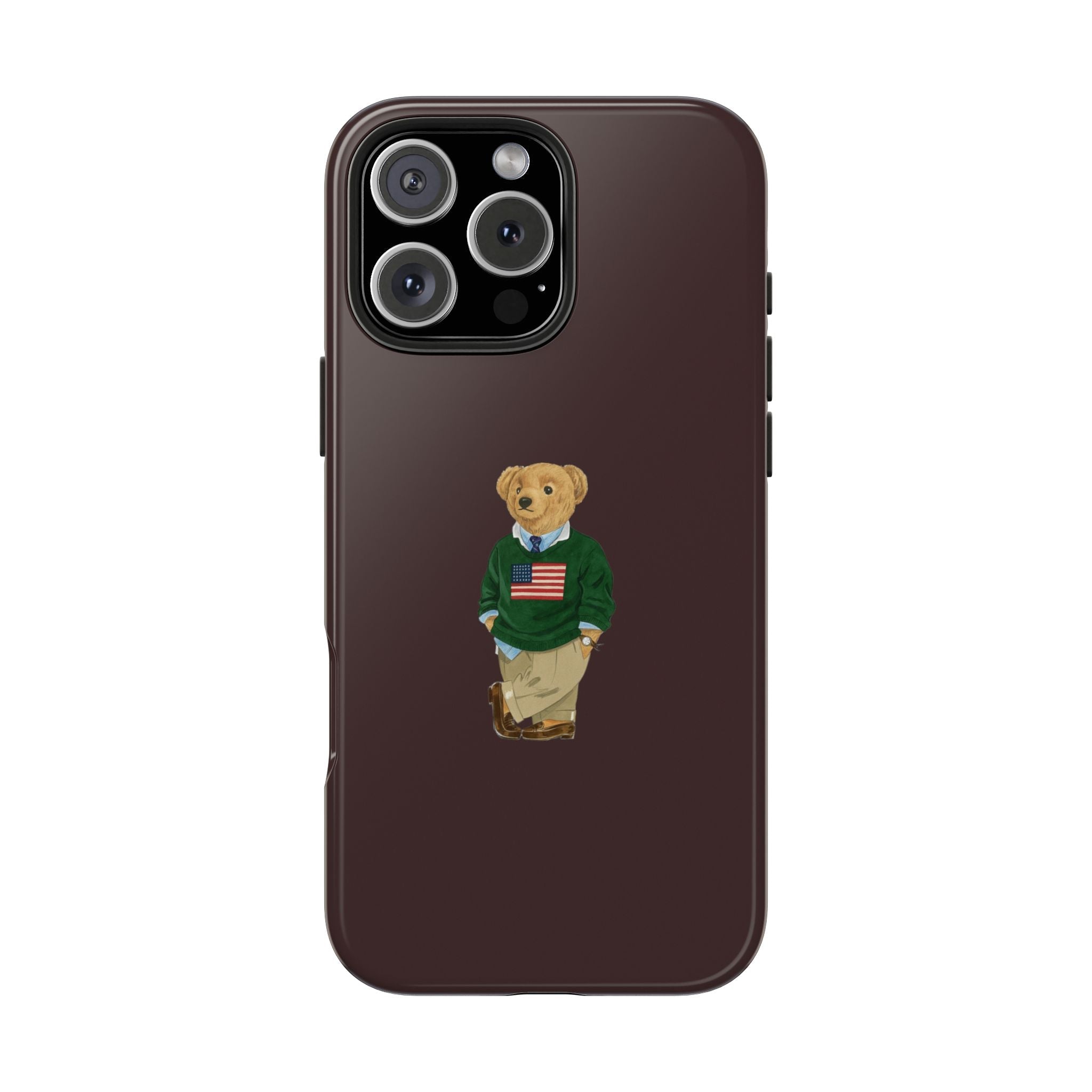 Brown phone case featuring a standing teddy bear wearing green sweater and US flag
