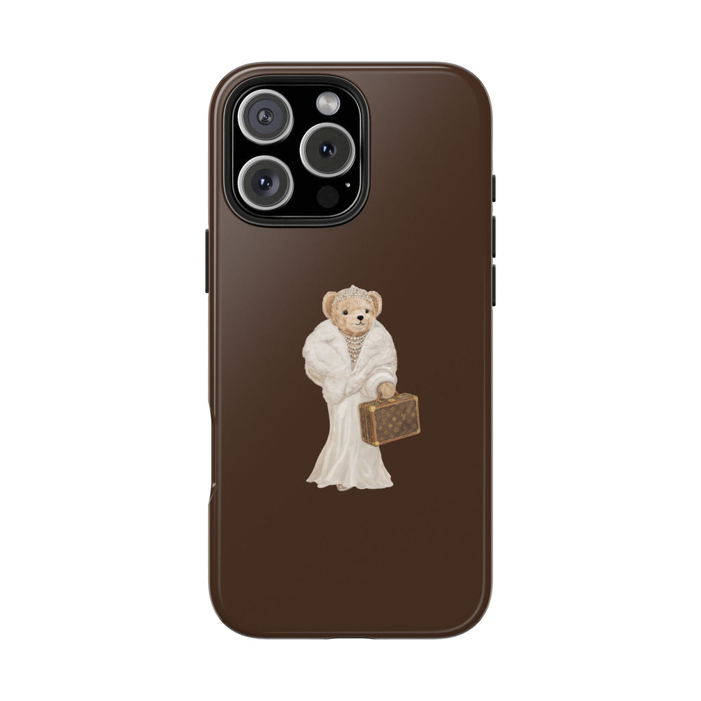 Brown phone case with teddy bear in white robe holding a briefcase illustration