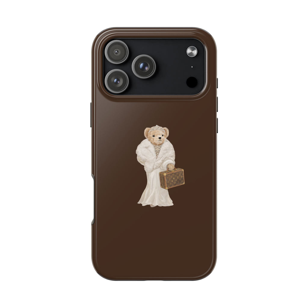 Brown phone case with teddy bear in white robe holding a briefcase, camera cutouts