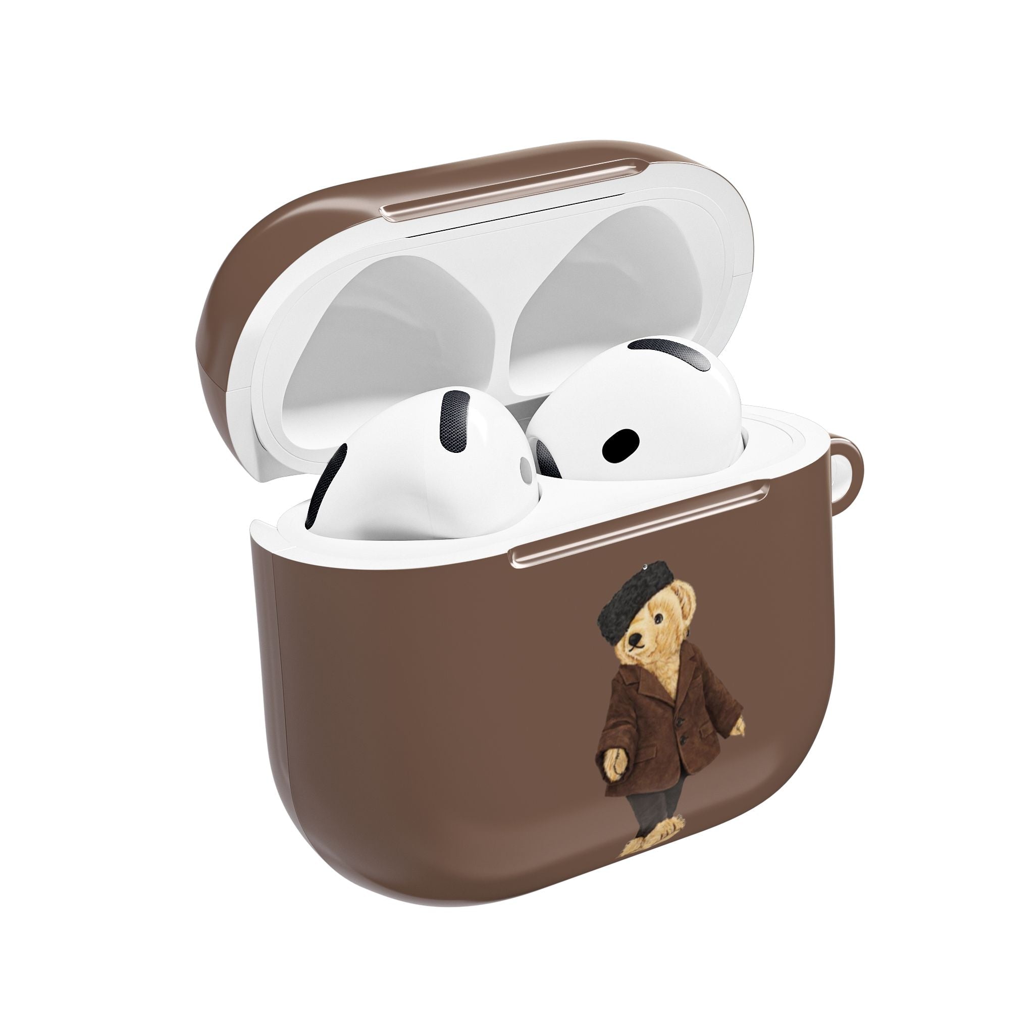 Brown teddy bear AirPods case with open lid and bear charm applique on front