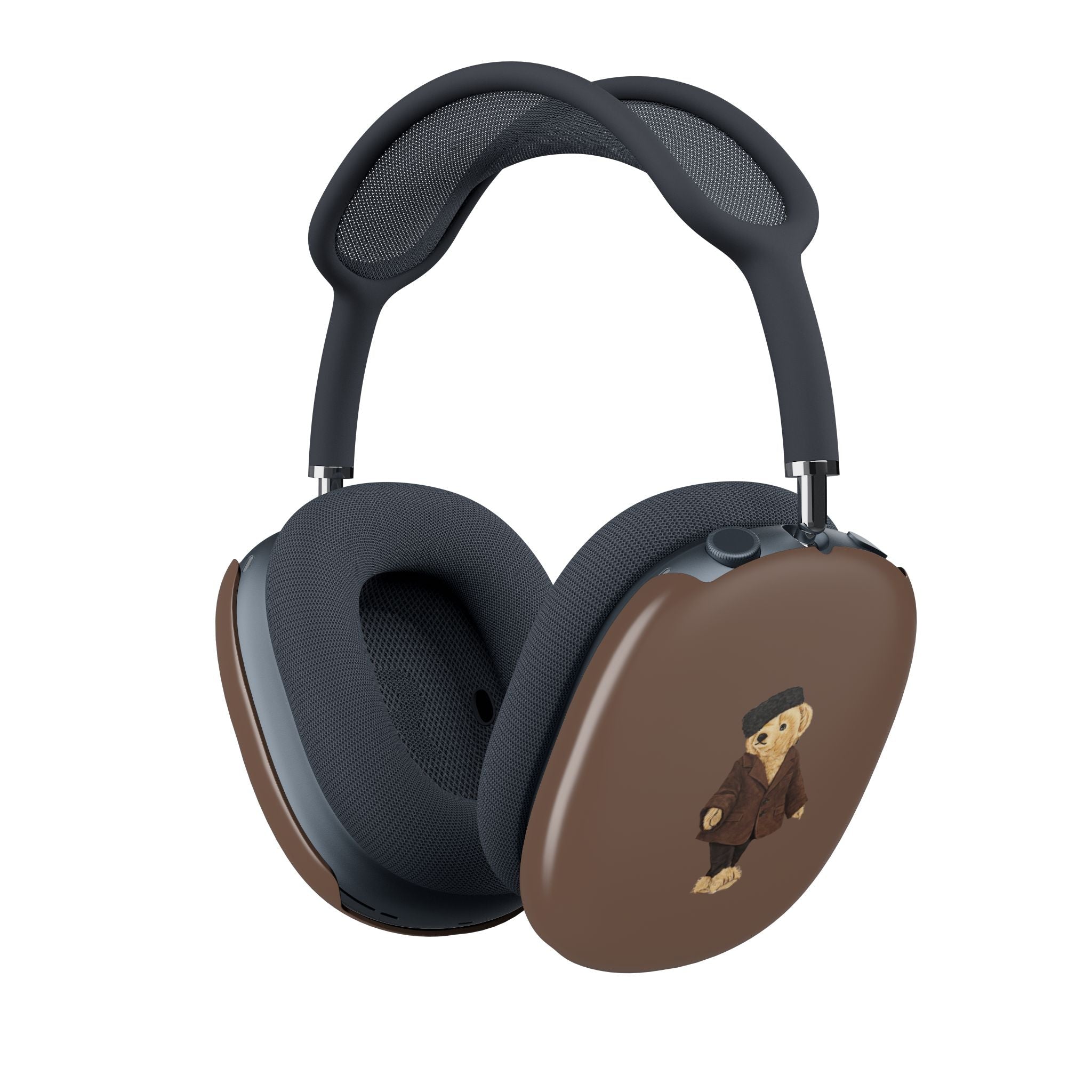 Brown teddy bear AirPods Max case cover on earcup; dark cushions and band