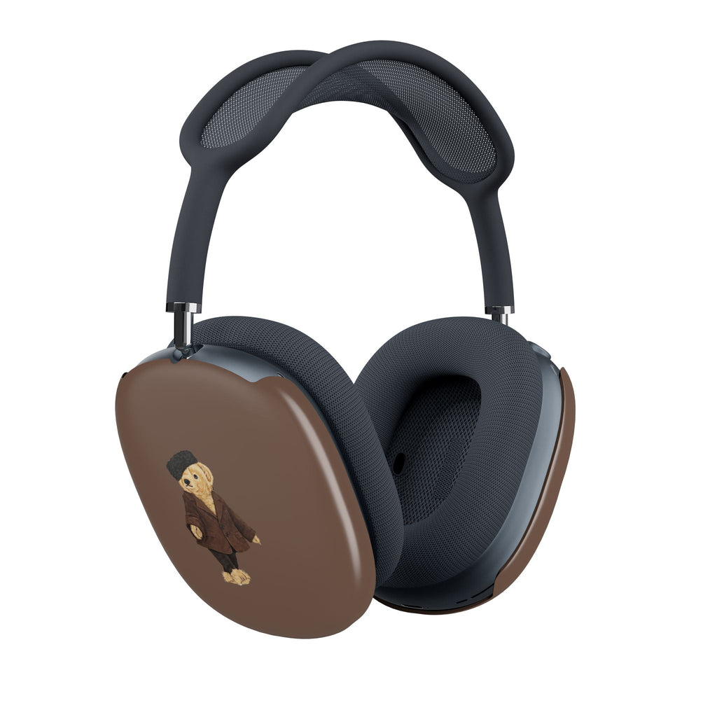 Brown teddy bear AirPods Max case covers on both earcups, dark mesh cushions