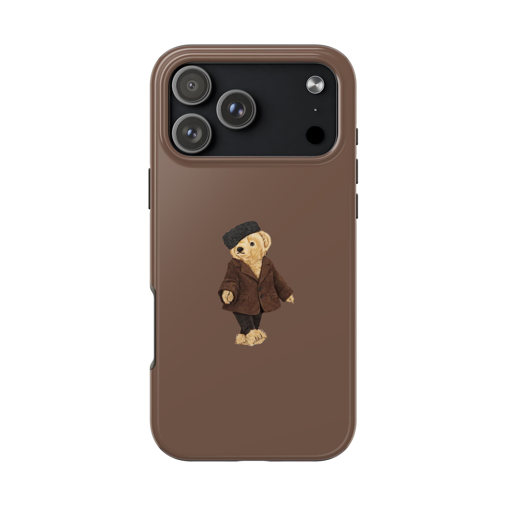 Brown phone case with embroidered teddy bear in a dark suit jacket