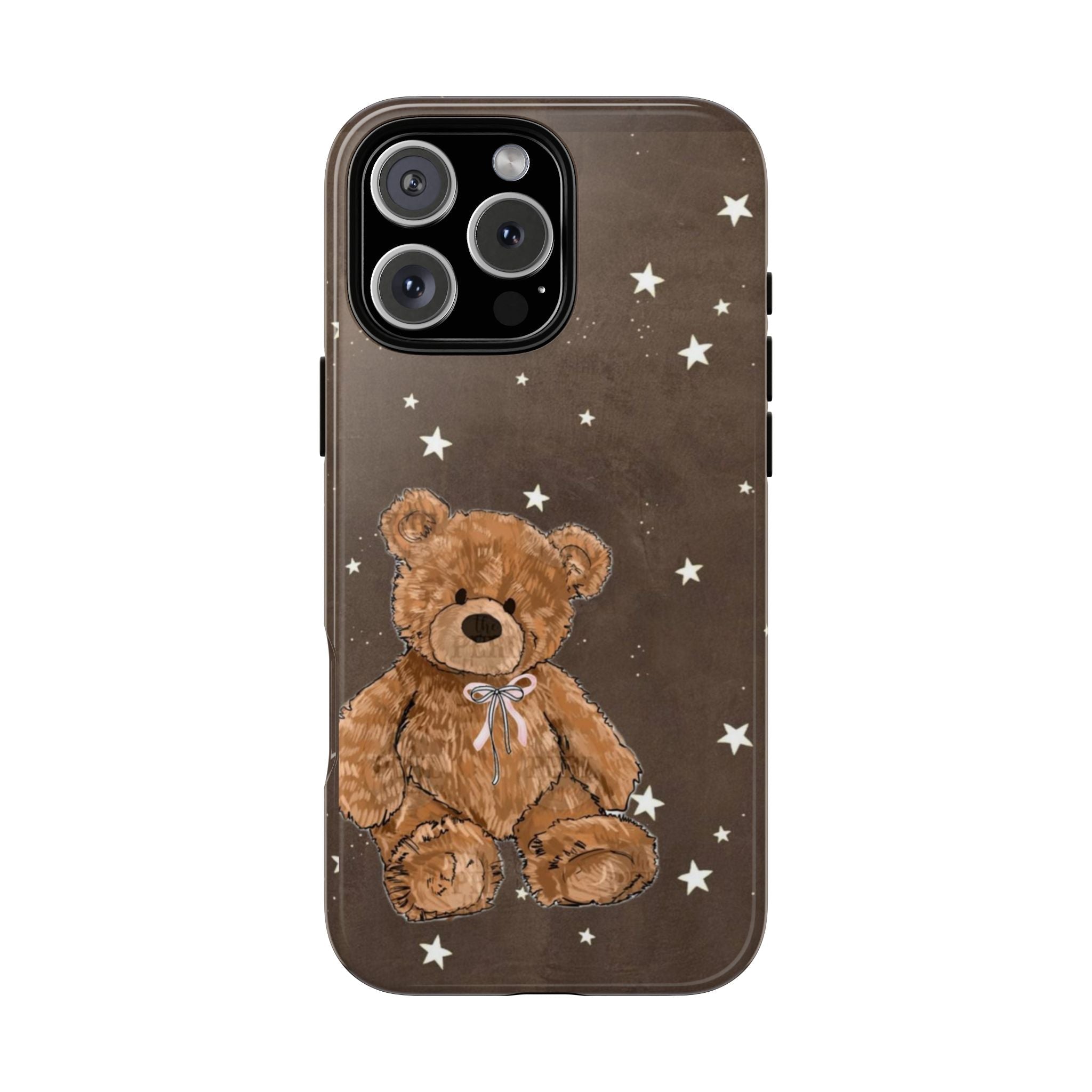 Brown teddy bear phone case with small bow and scattered white star pattern