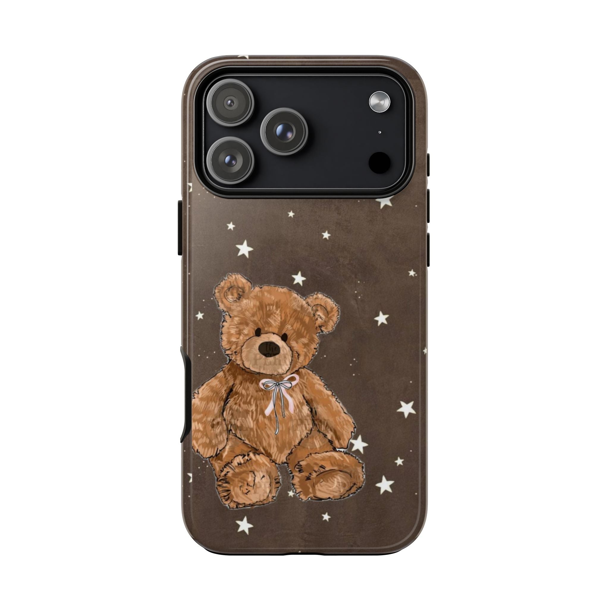 Brown teddy bear phone case with bow, white stars, and camera cutout