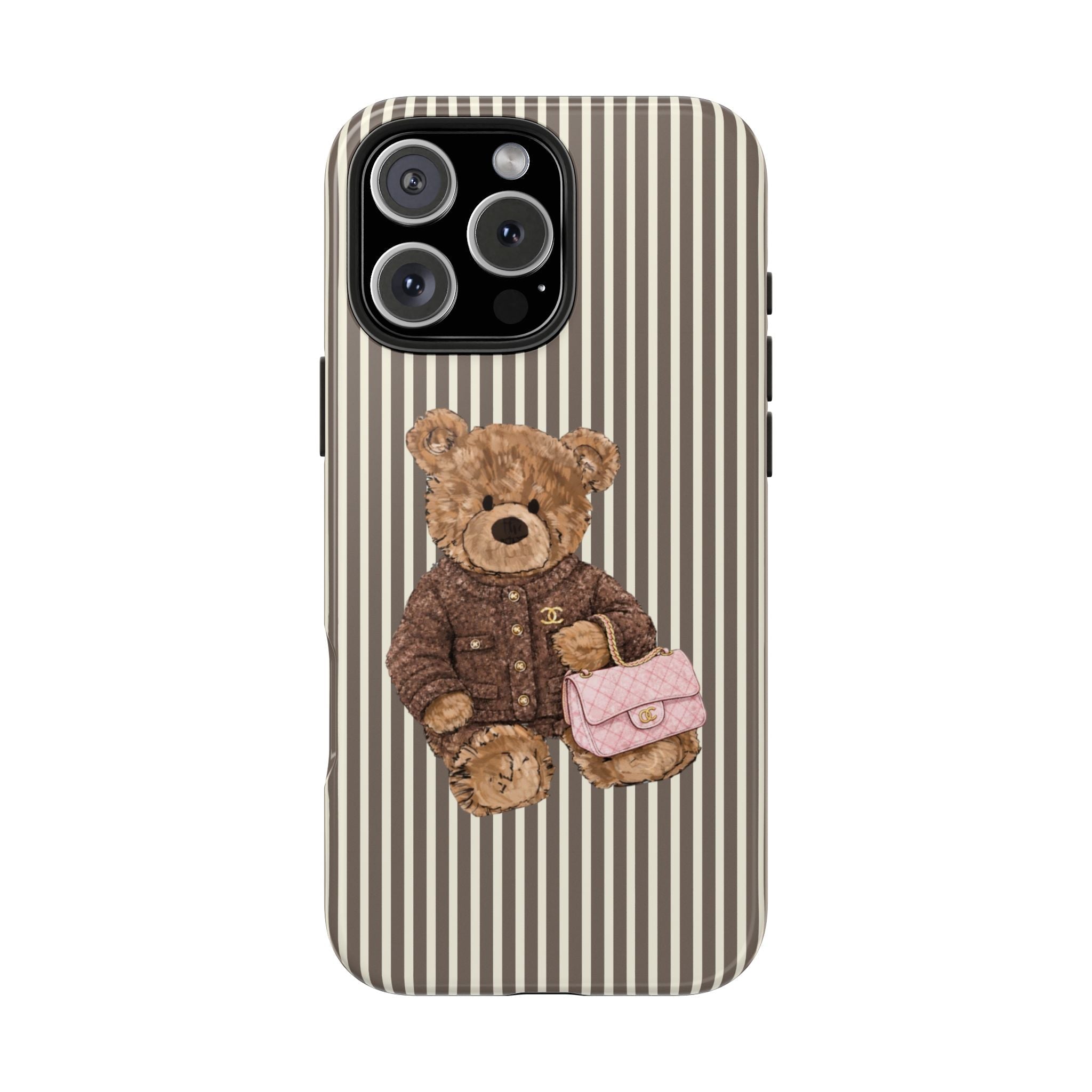 Brown striped teddy bear phone case with pink bag, front with camera cutouts