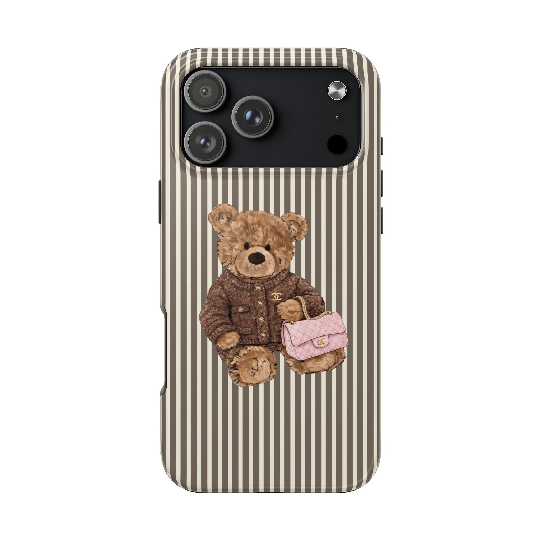 Brown striped phone case with teddy bear holding a pink bag, front view