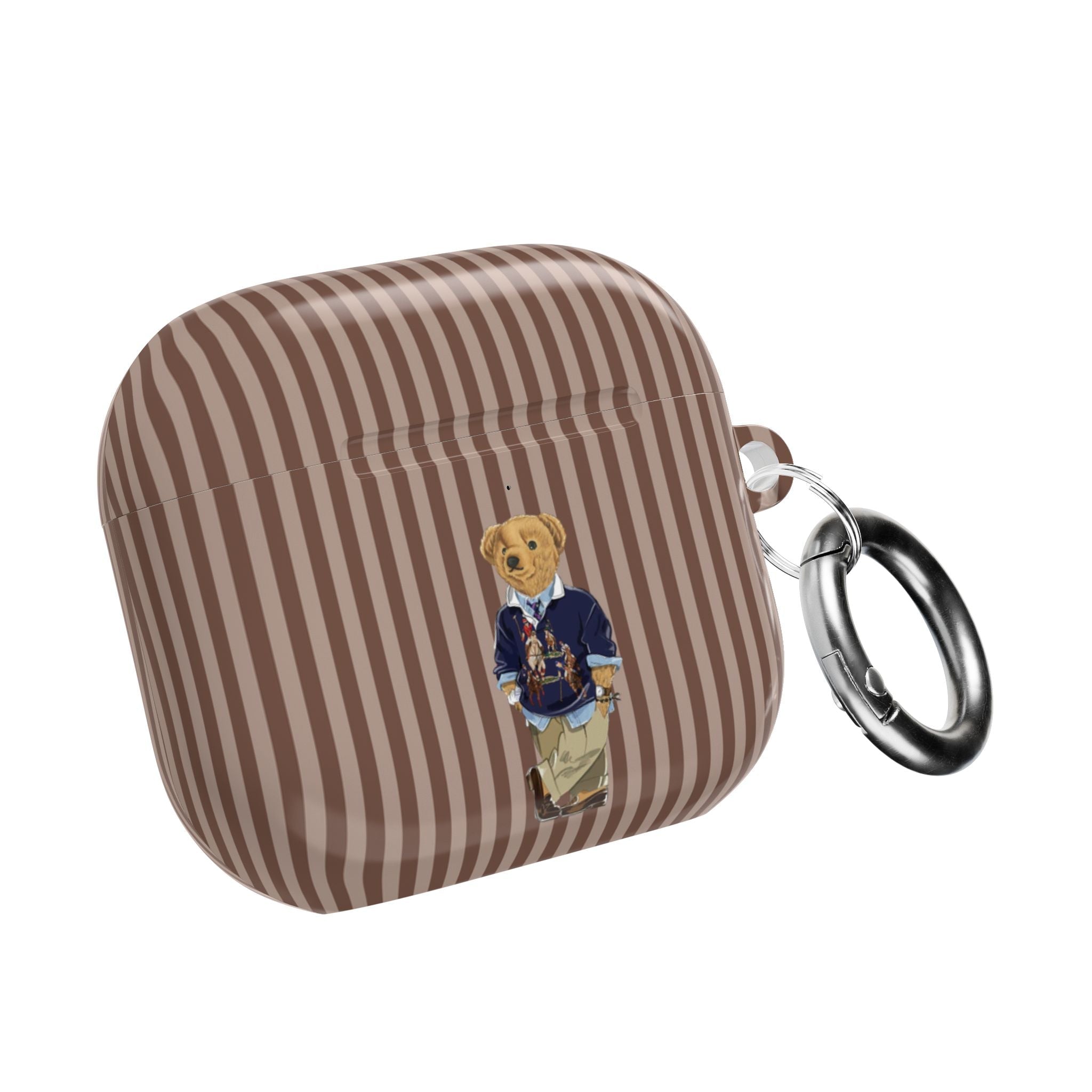 Brown striped AirPods case with teddy bear graphic and metal carabiner hook