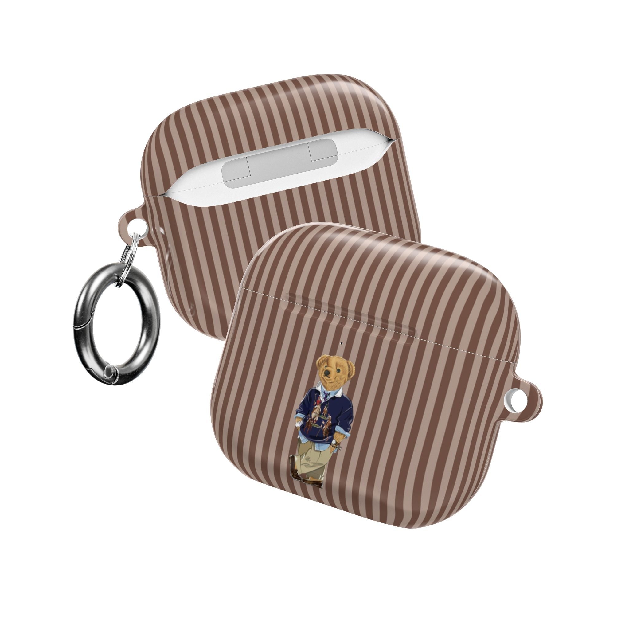 Brown striped AirPods case with teddy bear graphic, open cover and carabiner rings