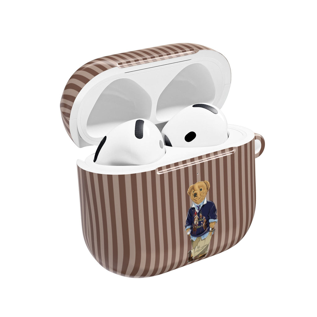 Brown striped AirPods case with teddy bear graphic, open lid showing white earbuds