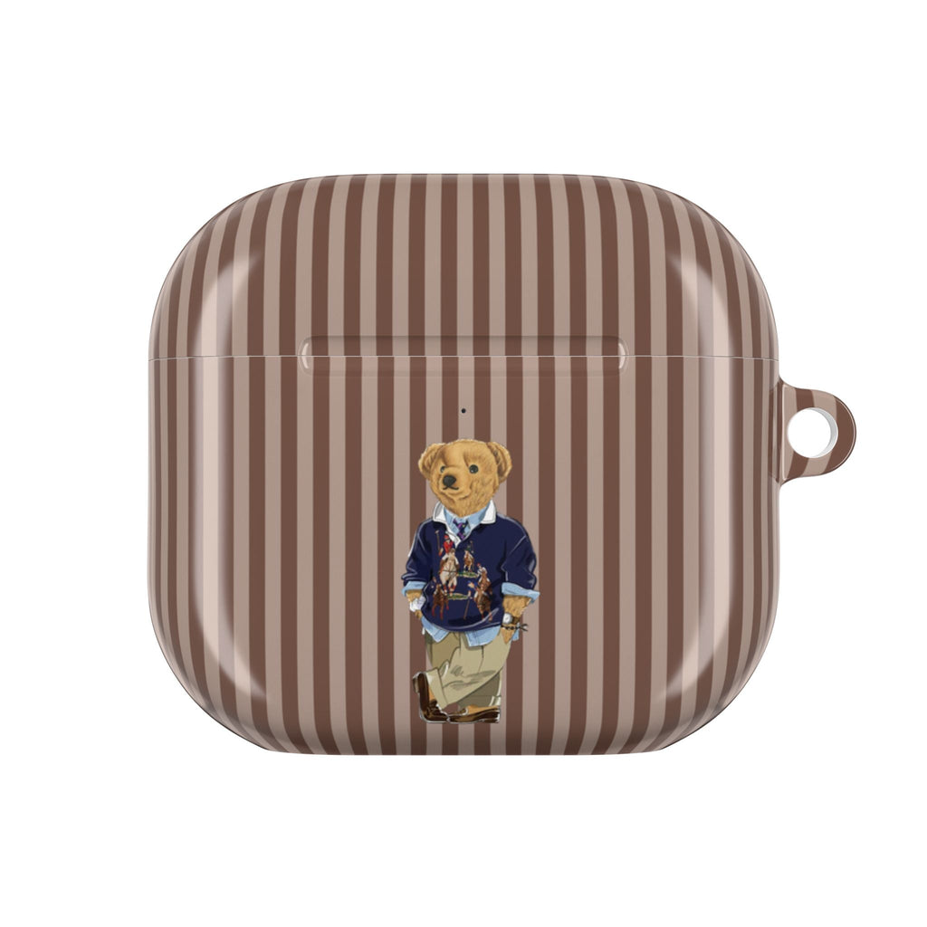 Brown striped AirPods case with teddy bear graphic on front and side opening