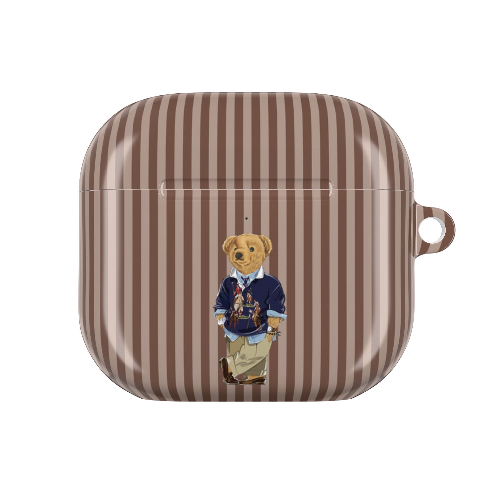 Brown striped AirPods case with teddy bear graphic on front and side opening