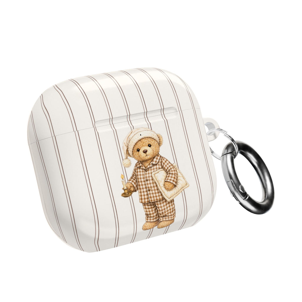 Striped AirPods case featuring teddy bear in night cap, with metal keyring