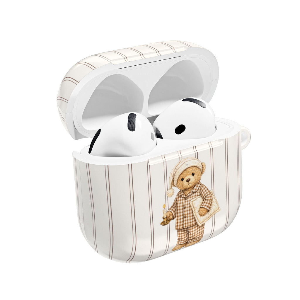Striped AirPods case with teddy bear in night cap, open front with earbuds inside