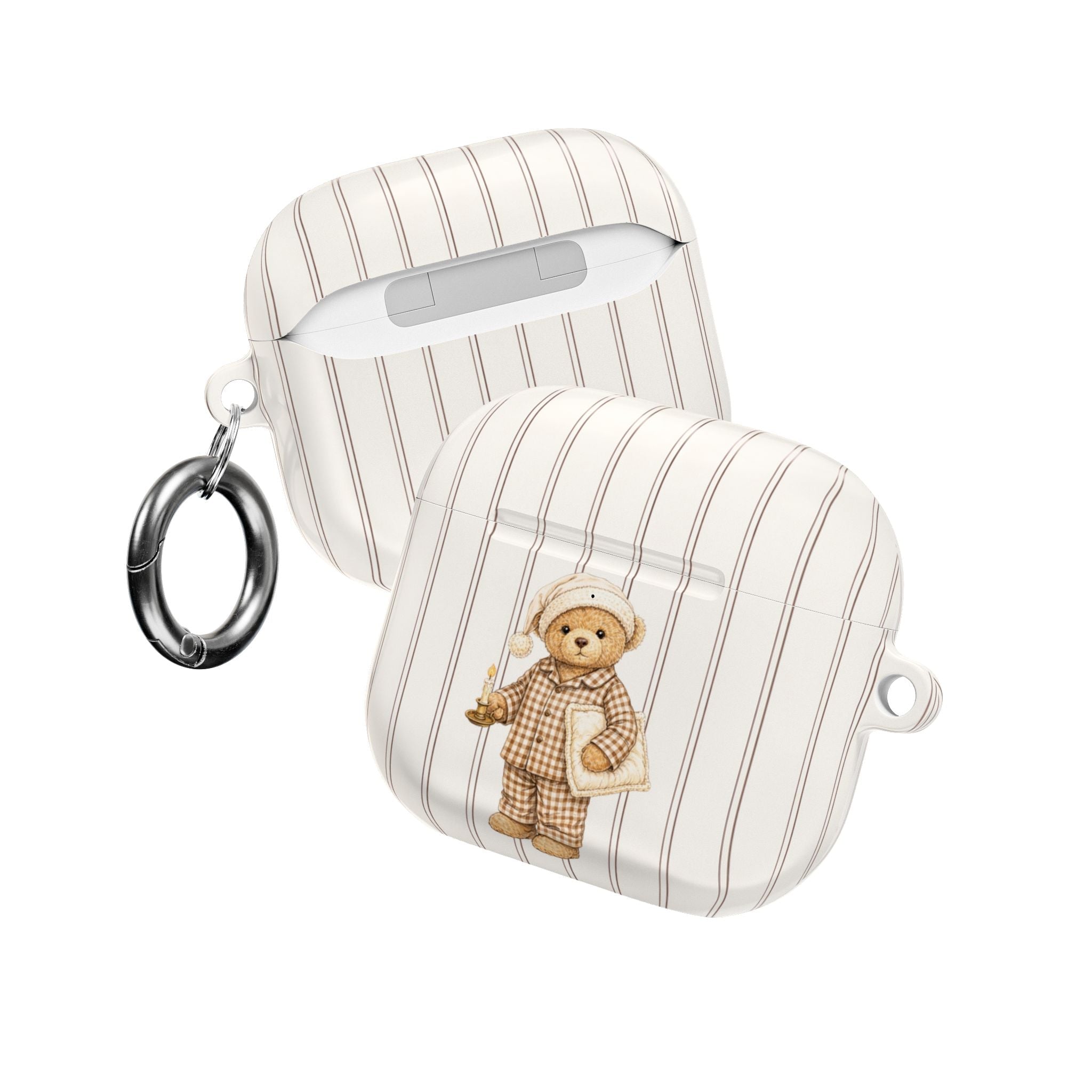 Striped AirPods case with teddy bear wearing night cap, two metal keyrings visible