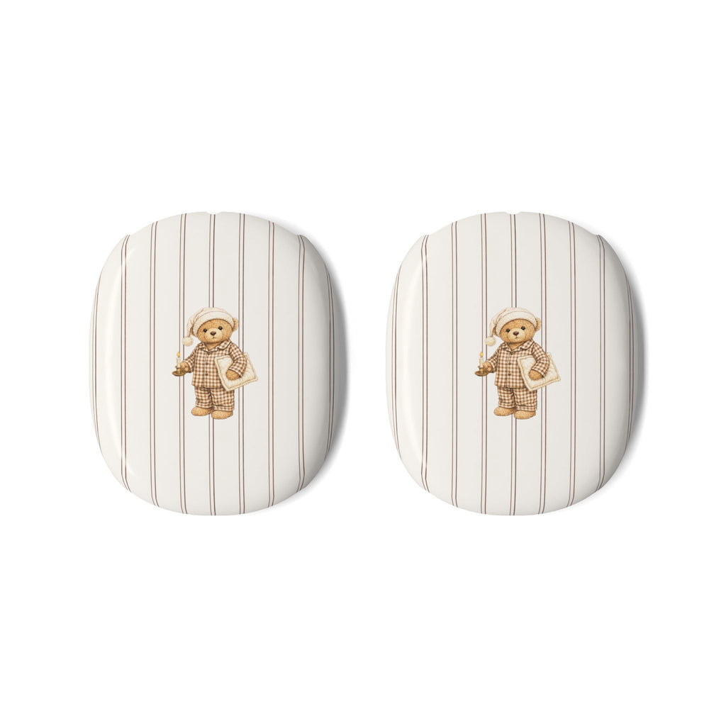 Pair of AirPods Max ear cup covers: white with brown vertical stripes, teddy bear