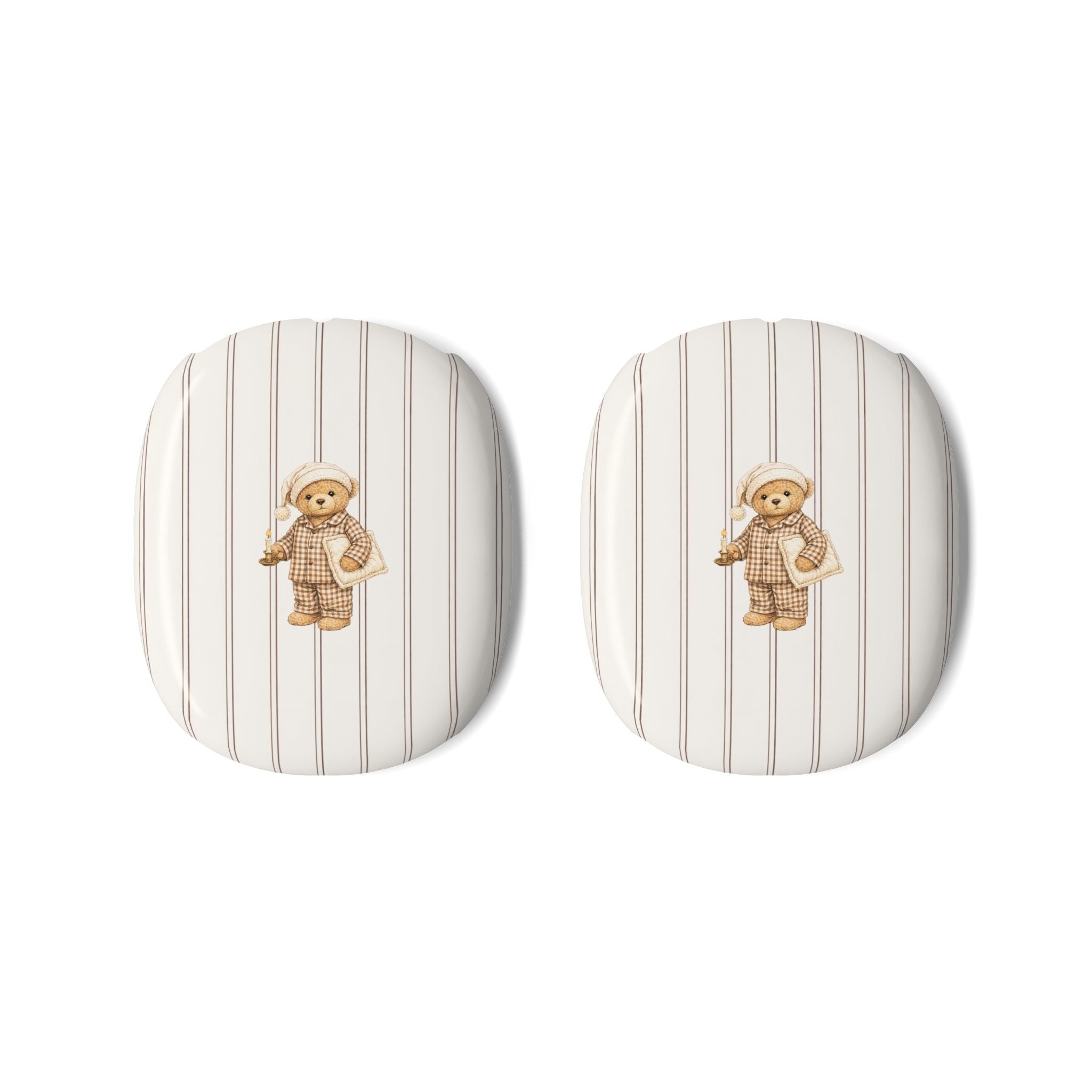 Pair of AirPods Max ear cup covers: white with brown vertical stripes, teddy bear
