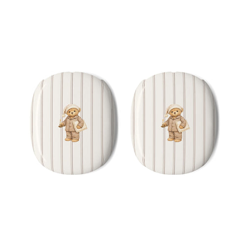 Pair of AirPods Max ear cup covers: white with brown vertical stripes, teddy bear