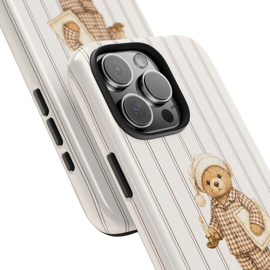 Brown striped phone case with teddy bear nightcap; camera lens cutouts